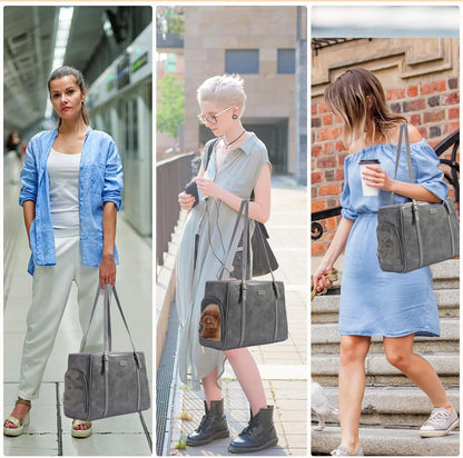 Fashion Dog Purse Pet Carrier Leather Bag for Small Dogs Cats Puppy, Portable Tote Bag Airline Approved Soft-Sided Carriers (Grey)