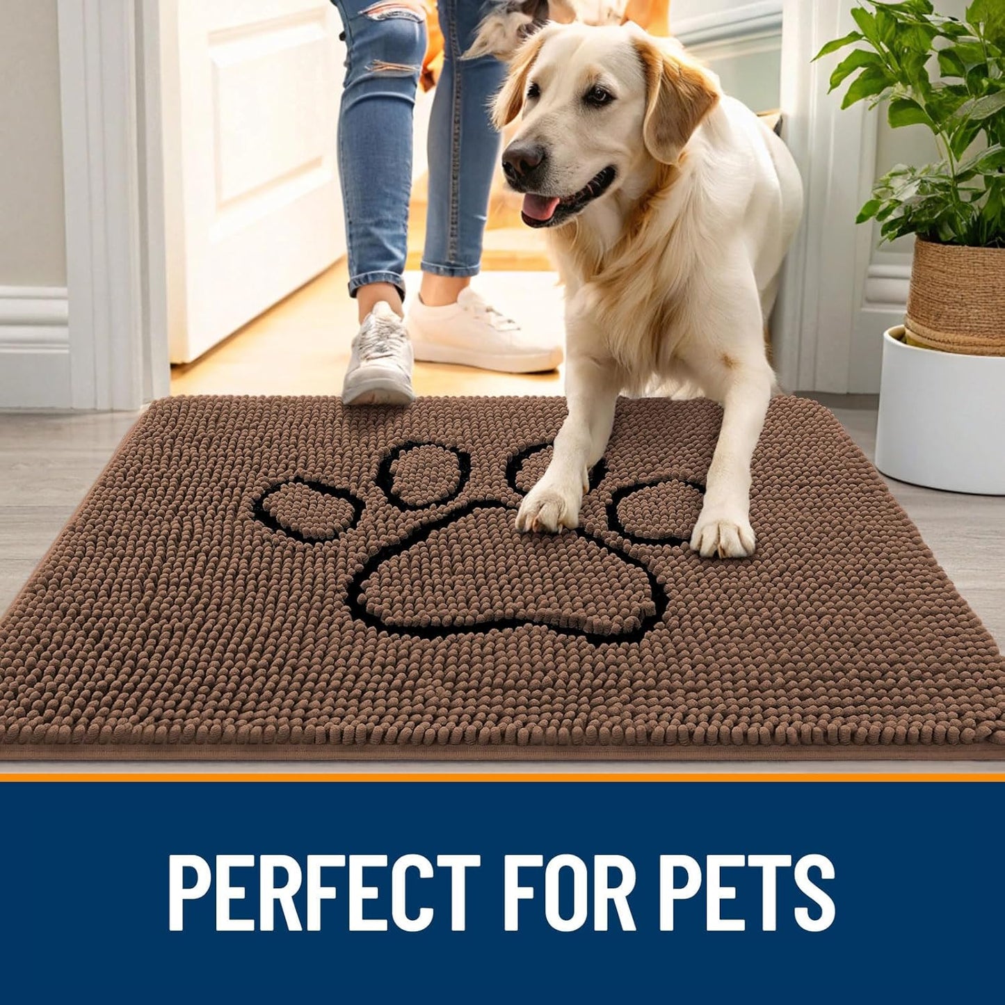 OLANLY Door Mat for Muddy Dog Paws 36x24, Ultra Absorbent Chenille Mud Doormat with Paw Print Design, Non-Slip Washable Doormat for Indoor Entryway, Quick-Dry Pet Bed Mats for Dirty Dogs, Mocha