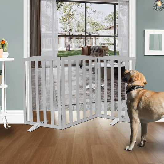 ZJSF Foldable Freestanding Indoor Dog Gate for House Wood Long Pet Gates Dog Fence for Stairs Puppy Gates for Hallways, Puppy Gate,Support Feet Included, Grey, 32 "Height-3 Panels