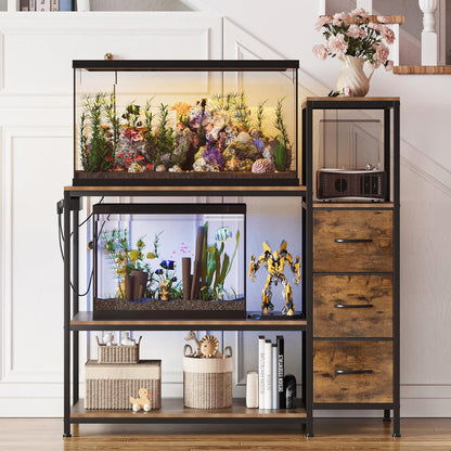 20 Gallon Aquarium Stand with Power Outlets Fish Tank Stand with 3 Drawers Metal Frame Heavy Duty Reptile Tank Stand with 3-Tier Storage Shelves,Left/Right Assembly, Adjustment Height