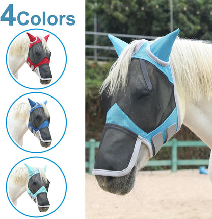 Horse Fly Mask with Ears & Long Nose Cover | Forelock Opening for Tangle-Free Mane Care | UV Protection & Breathable Mesh | No Rub Fit and Enhanced Visbility for Trail Riding Paleblue Full