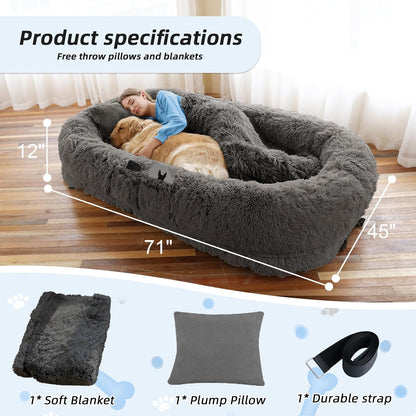 Human Dog Bed, 71''x45''x12'' Size Fits You and Pets, Washable Faux Fur Pet Bed for People Doze Off, Napping Orthopedic Dog Bed, Present Plump Pillow, Blanket, Strap - Dark Grey