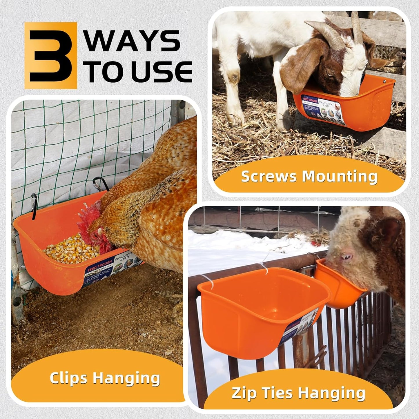 Goovilla Chicken Feeder Waterer, Hanging or Screw-in Fence Feeder with Clips, 2 Pack 5 Quart Goat Feeder Supplies, Duck Piglet Sheeple Coop Dog Livestock Poultry Plastic Feeder Trough Bucket, Orange