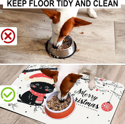Christmas Black Cat Pet Feeding Mat-Quick Dry Absorbent Dog Cat Food Mat, Anti-Slip Water Bowl Mats for Messy Eaters-No Stains Indoor Pet Accessories 12"x20"