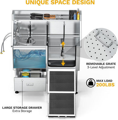 DWVO Professional Dog Bathing Station Stainless Steel 304 Dog Bathtub 50in for Grooming w/Left Door Ramp, 2 Storage Drawers, Faucet, Grate, Pet Washing Station for Large, Medium, Small Pets