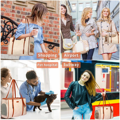 Fashion Dog Purse Pet Carrier Leather Bag for Small Dogs Cats Puppy, Portable Tote Bag Airline Approved Soft-Sided Carriers (Beign)