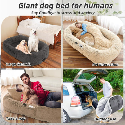 Human Dog Bed for Adults & Pets, 63"x32"x10" XL Faux Fur Nap Bed with Pillow, Blanket & Strap, Orthopedic Washable Lounger for Sleeping, Relaxing, Cuddling – Beige