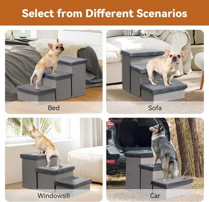 Dog Stairs with Furry Lids 18" H, 3-Step Wider Dog Steps with Storage for Small/Medium/Large Old Dogs Cats, Folding Sturdy Pet Stairs Climbing Bed Couch, Ramp for Car Hold Up to 200 lbs, Grey