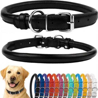 CollarDirect Rolled Leather Dog Collar, Soft Padded Round Puppy Collar, Handmade Genuine Leather Collar Dog Small Large Cat Collars 13 Colors (15-19 Inch, Light Blue Textured)