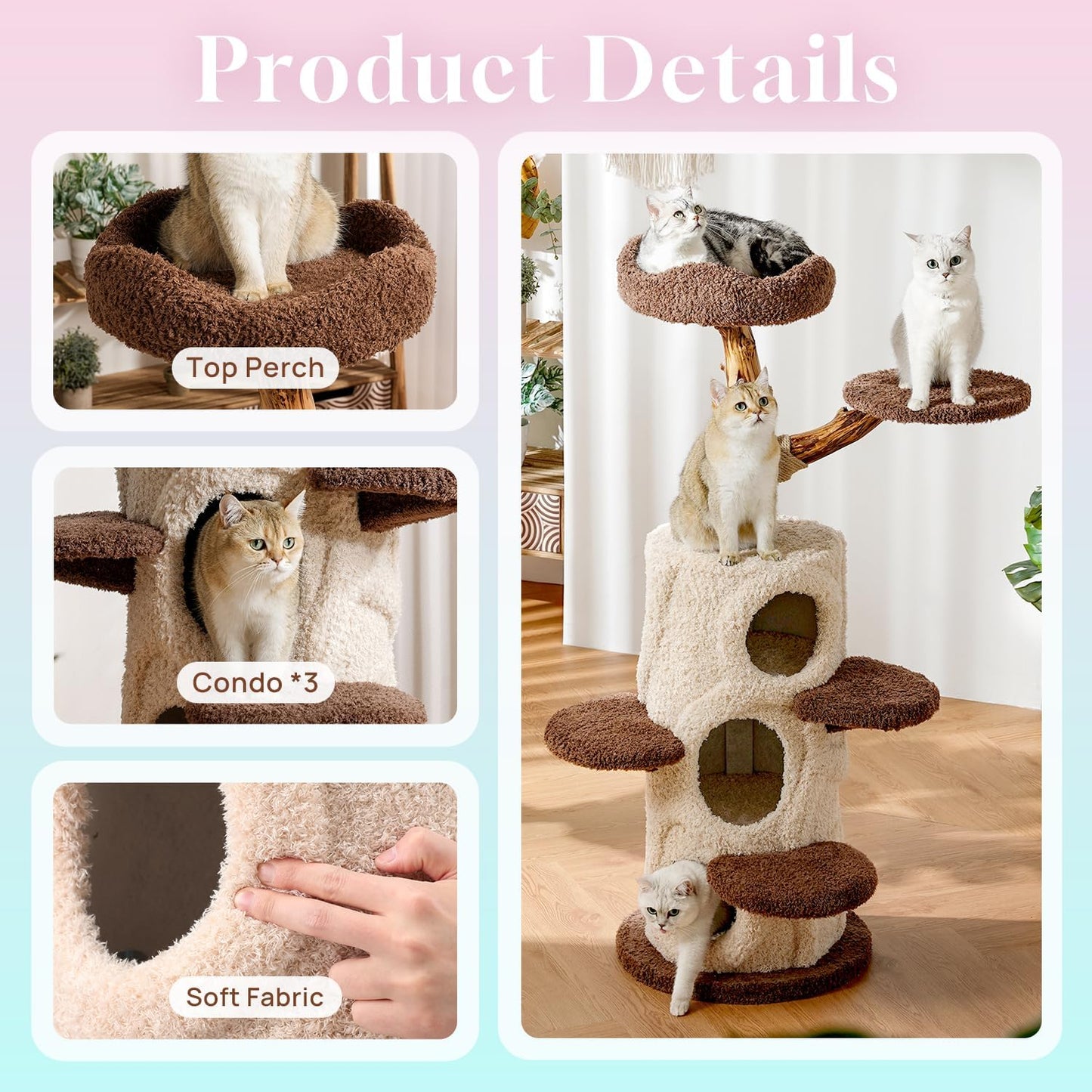 54.7'' Tall Modern Wood Cat Tree with 3 Level House, Luxury Cat Tower for Home Decoration, Large Cat Condo for Multi-Cat Families