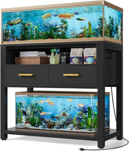 40-50 Gallon Aquarium Stand with Stable Metal Frame & Power Outlet, Heavy-Duty Fish Tank Stand with Waterproof Mat, 800LBS Capacity Storage Cabinet, Suitable for Turtle Tank, Reptile Terrarium, Black