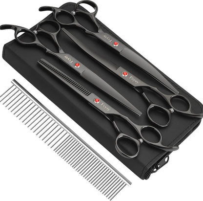 Dog Grooming Scissors Kit, Fcysy Professional Pet Hair Cutting Shears Set with Curved & Straight Blades Scissors Thinning Shears– Stainless Steel Grooming Tools for Dogs & Cats at Home