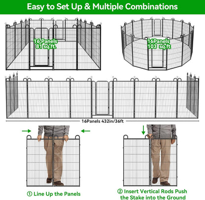 Dog Playpen Outdoor 16 Panels Heavy Duty Dog Fence 47" Height Anti-Rust with Doors Portable for RV Camping Yard, Total 36FT, 103 Sq.ft, Snowy Black