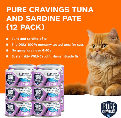 Tuna and Sardine Pate, Canned Wet Cat Food, 100% Mercury-Tested, Moist Can Fish, Grain-Free Protein, Non-GMO, 12 Pack