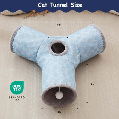 Tempcore Pet Cat Tunnel Tube Toys 3 Way Collapsible, Cat Tunnels for Indoor Cats Fleece-Lined in for Warmth，Kitty Tunnel Bored Cat Pet Toys Peek Hole Toy Ball Cat, Puppy, Kitten, Geometry Blue