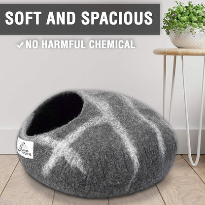 Luxurious Eco-Friendly Merino Wool Cat Cave Bed - Foldable Hideaway Pod for Indoor Cats - Premium Felt Kitten Beds - Covered Cat House for Ultimate Cozy Comfort by Woolygon