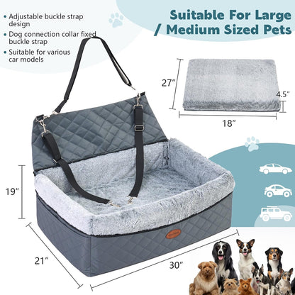 Dog Car Seat for Large/Medium Pet, Anti Slip Bottom Dogs Booster Seat for All Seasons,Pet Travel Bed with Thick Dog Sofa Cushion, Storage Pockets 2 Safety Leashes