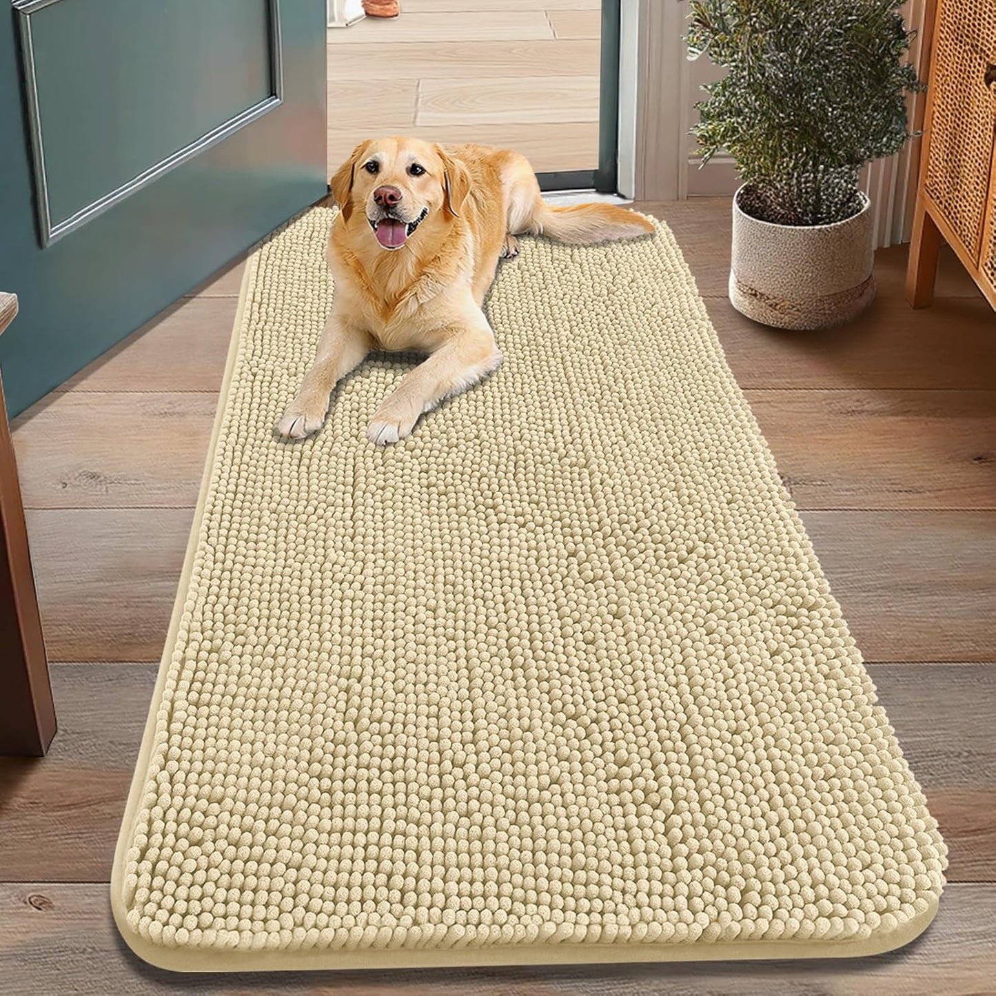 Smiry Dog Door Mat for Muddy Paws 48x30, Absorbs Moisture and Dirt Doormat, Non-Slip Washable Quick Dry Chenille Front Door Mat Indoor Entrance, Entryway Carpet for Inside Floor, Cream White