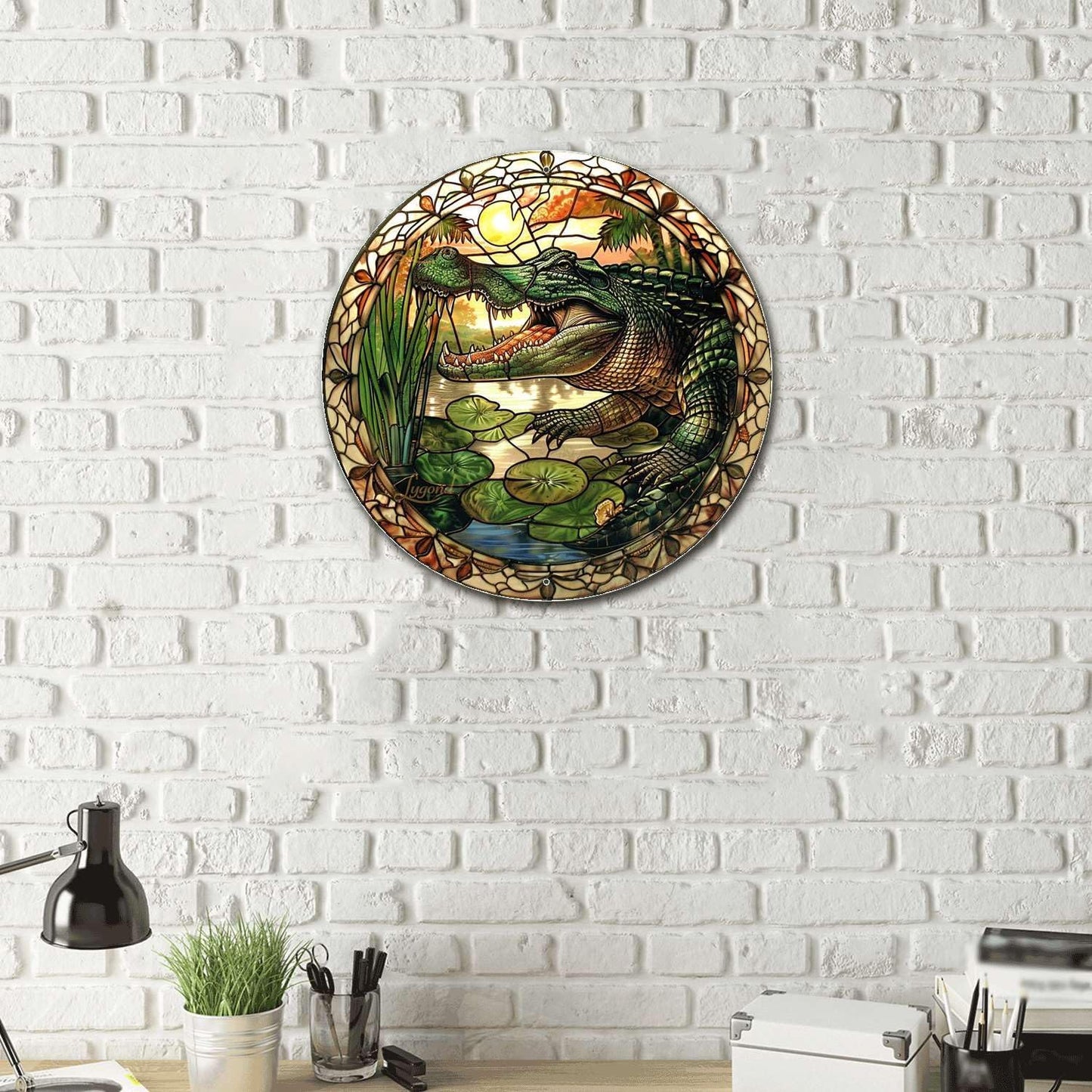 Lygond Metal Sign Tin Sign Circular Stained Glass Alligator Tin Signs for Garden for Pub 8×8 Inches