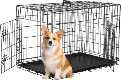 FDW 30 inch Dog Crate Dog Kennel Cage with Double Door Folding Metal Wire Dog Cage with Removable Tray&Divider Panel,Pet Crate for Medium Dogs,Black