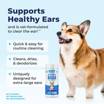 Vetnique Oticbliss Advanced Cleaning Ear Wipes for Dogs for Odor Control, Dirt and Wax Removal with Soothing Aloe Vera, Salicylic Acid & Vitamin E, (Ear Cleaning Wipes, Advanced Cleaning Large)