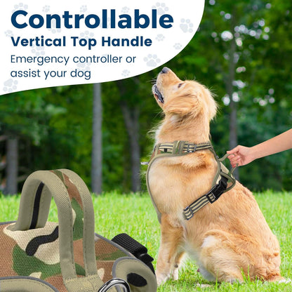 Funfox Dog Harness No Pull, Adjustable Pet Vest Harness, Super Soft Material with Vertical Handle Easy Control, Reflective Night Walking, 2 Leash Clips for Large Dogs, Camo Green, L