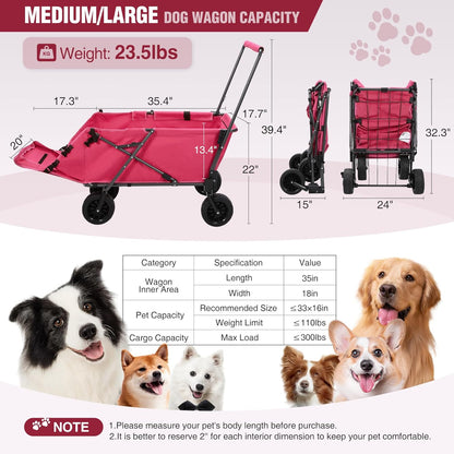REDCAMP Folding Dog Wagon Cart with Extendable Rear End Heavy Duty, 220L Large Collapsible Utility Cart Dog Stroller with Tailgate for Sports Shopping Pet, Pink