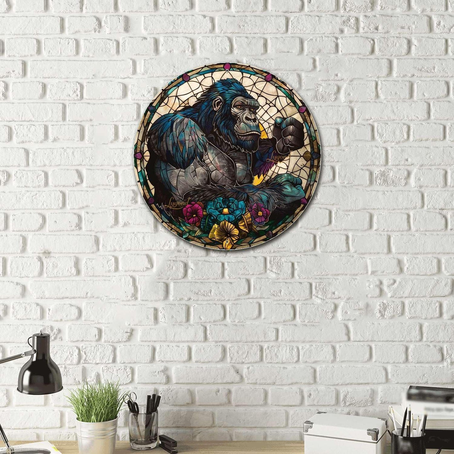 Lygond Metal Sign Tin Sign Circular Stained Glass Gorilla Wall Art for Club 12×12 Inches