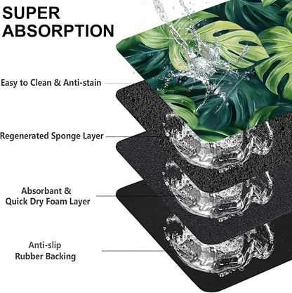 Tropical Palm Leaves Pet Feeding Mat-Quick Dry Absorbent Dog Cat Food Mat, Anti-Slip Water Bowl Mats for Messy Eaters-No Stains Indoor Pet Accessories 16"x24"