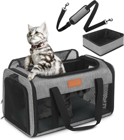 PETUX Pet Carrier Airline Approved, 17"x11"x9.5" Cat Carrier Soft with Anti-Scratch Mesh for Small Cats up to 12 lb, Top Open Portable Dog Carriers with Little Box for Puppy up to 10 lb (Grey)