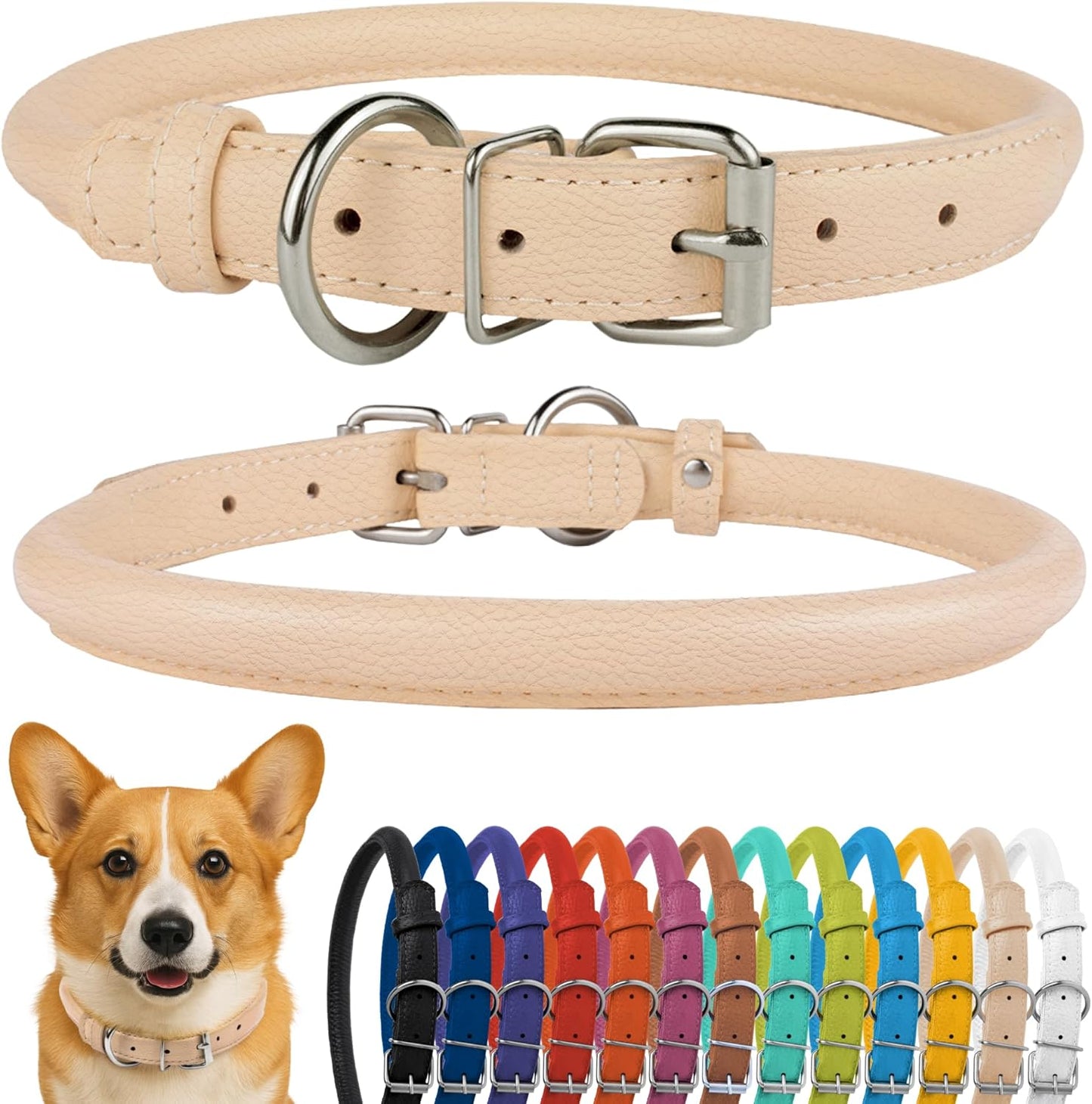 CollarDirect Rolled Leather Dog Collar, Soft Padded Round Puppy Collar, Handmade Genuine Leather Collar Dog Small Large Cat Collars 13 Colors (13-16 Inch, Beige Textured)