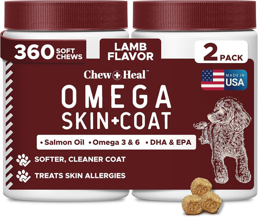 Dog Skin and Coat Supplement -360 Soft Chew Omega Treats for Skin Allergies -Salmon Oil Blend of