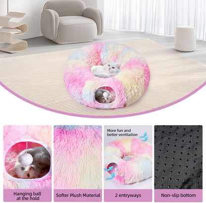 Odoland Cat Tunnels Bed with 20 Cat Toys for Indoor Cats, Plush Cat Couch Tunnel Bed for Kitten, Cat Cave Donut Tunnel - Detachable Soft Cat Bed and Variety Kitty Toy Set, Pink