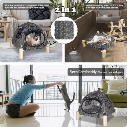 2-in-1 Elevated Cat Tent Cat House, Quick Assembly and Disassembly, Portable Indoor/Outdoor Cute Cat Bed Cave-Black Diamond Pattern