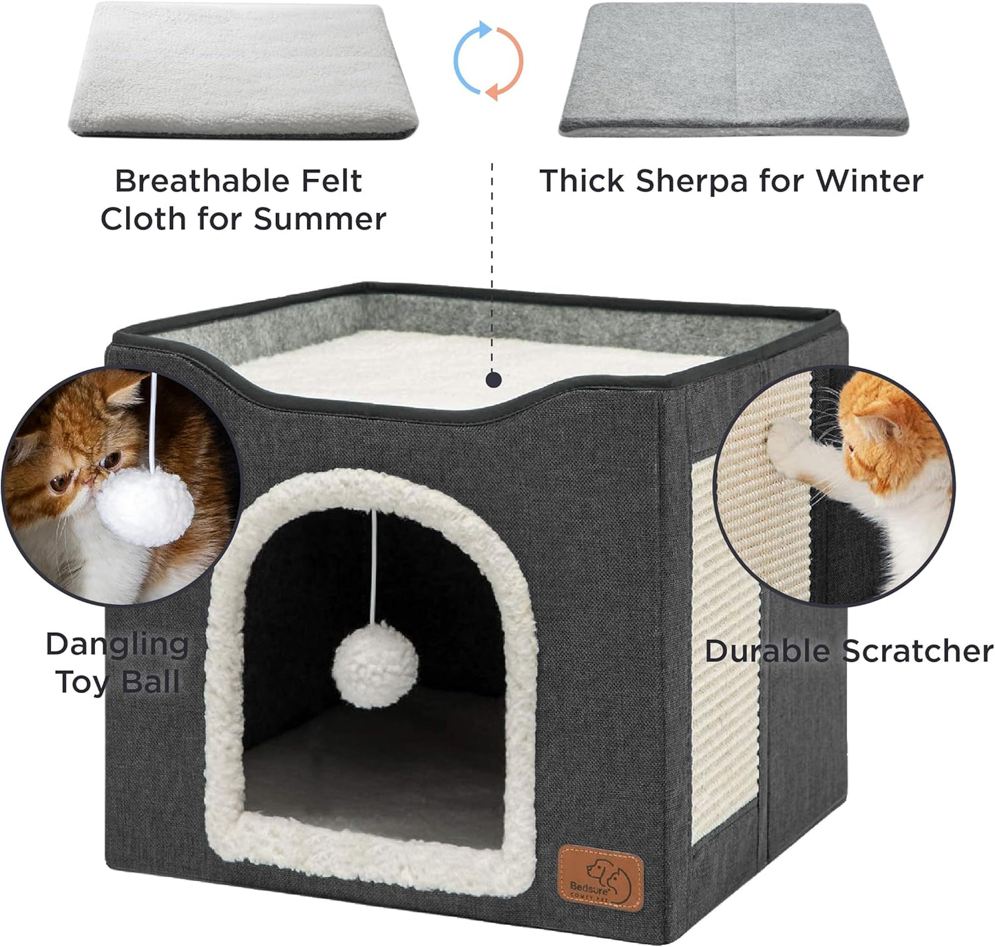 Bedsure Cat Beds for Indoor Cats - Large Cat Cave for Pet Cat House with Fluffy Ball Hanging and Scratch Pad, Foldable Cat Hideaway, 16.5x16.5x13 inches, Dark Grey
