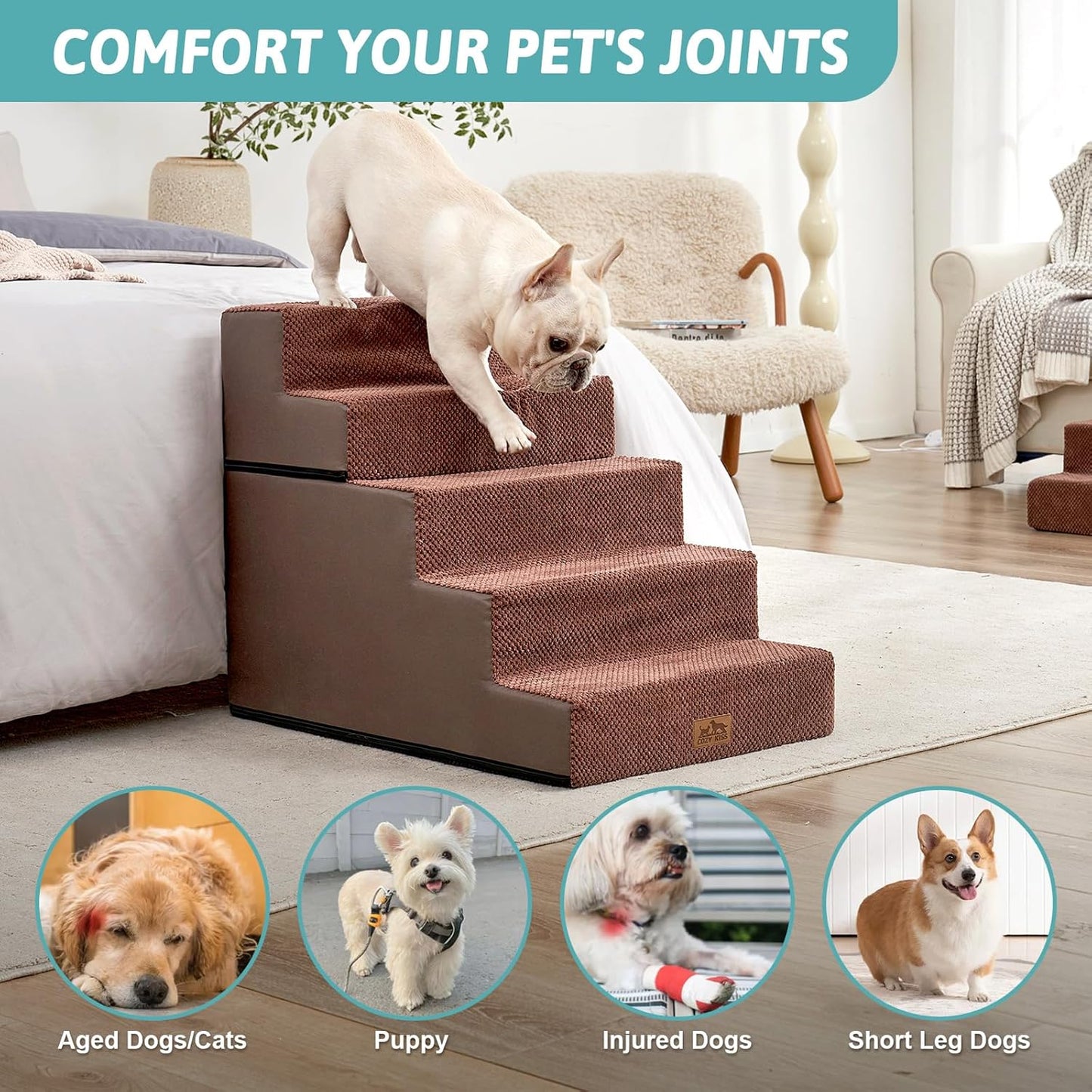 Dog Stairs for Small Dogs, 5 Tier Removable Wider Pet Stairs for Couch and Bed, 23.6" H Non-Slip Dog Steps for Puppies and Old Cats with Support Board, 29.5x19.7x23.6 inch, Brown