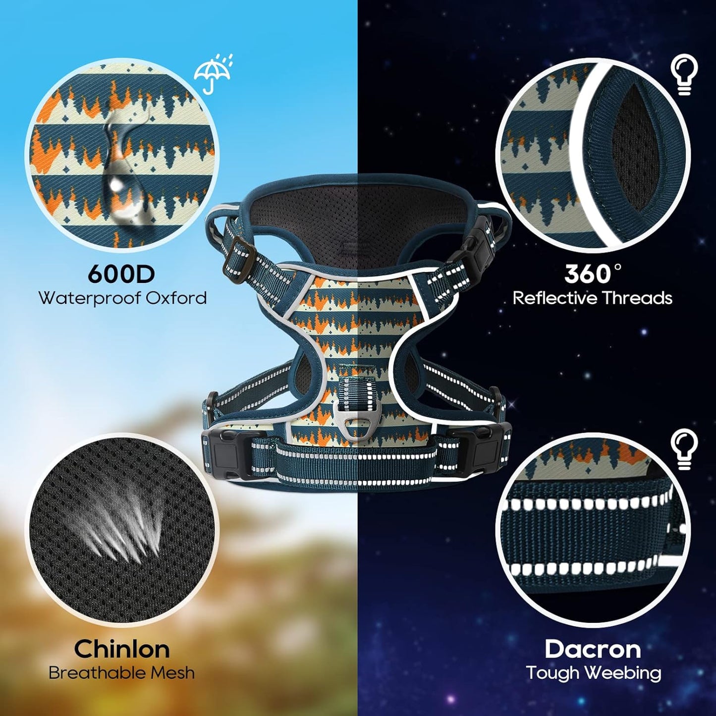 Timos Dog Harness, No-Pull Pet Harness with 2 Leash Clips, 3 Snap Buckles Adjustable Soft Padded Dog Vest, Reflective No-Choke Pet Oxford Vest with Easy Control Handle for Small Medium Large Dogs