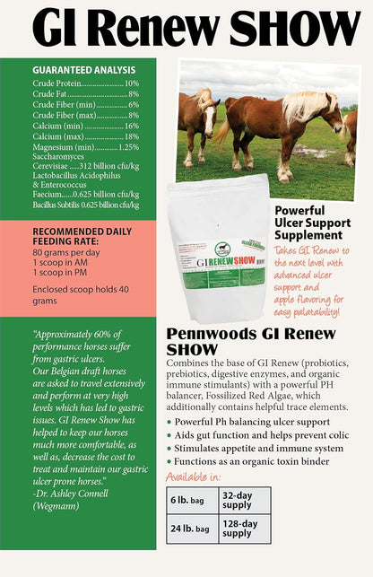 GI Renew Show, Probiotics for Equine, Immune and Appetite Stimulation, Prebiotics, Digestive Enzymes | Horse Supplement Providing Ulcer Relief and Treatment, Organic Toxin Binder, 6 LB Bag