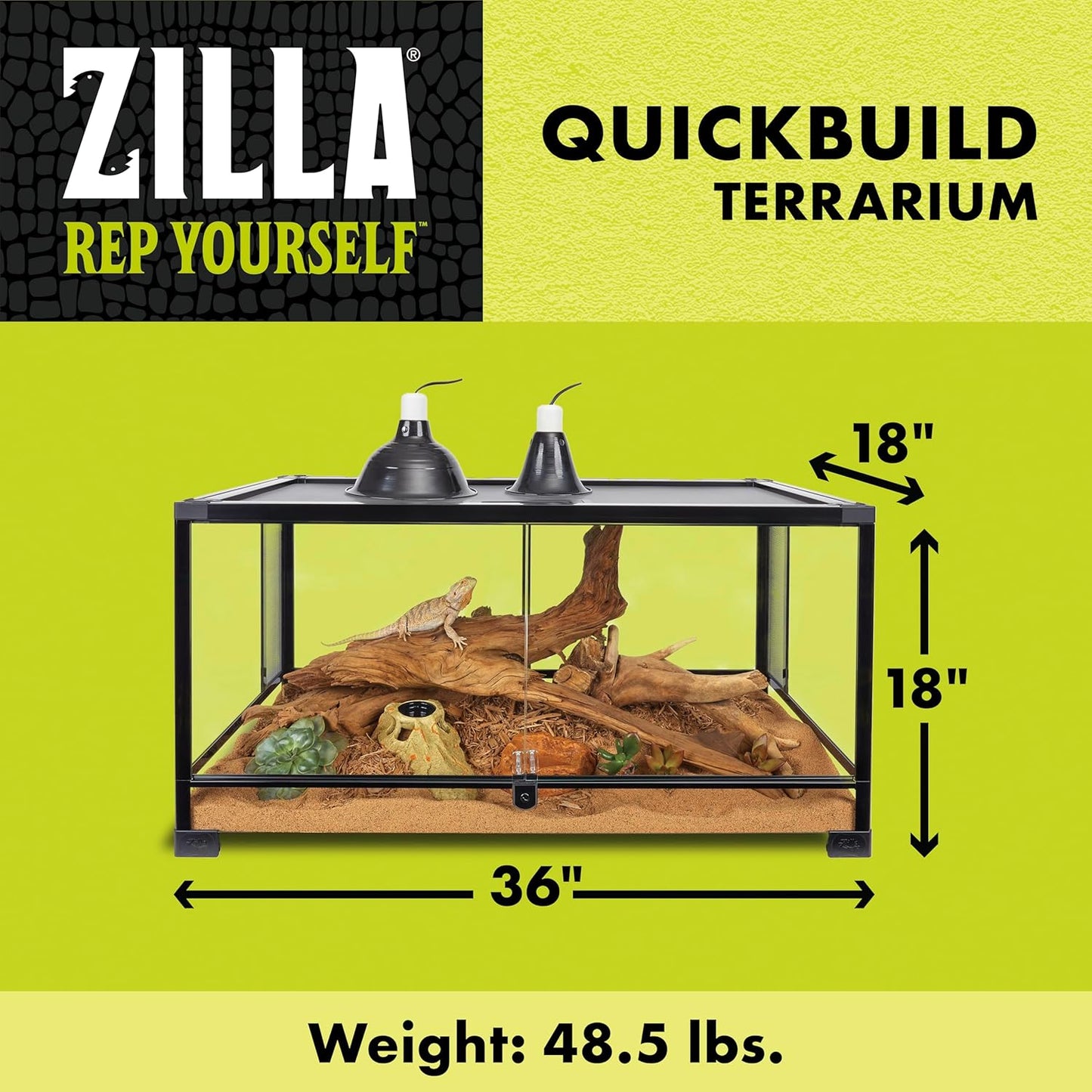 Zilla QuickBuild Reptile 40 Gallon Glass Terrarium Habitat with Swing Door For Geckos, Snakes, Lizards, Frogs, Turtles, and Tortoises, 36" x 18" x 18"