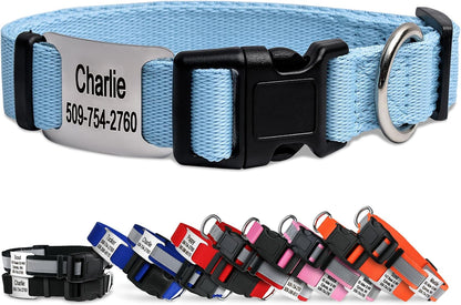 GoTags Personalized Dog Collar with Nameplate, Adjustable Dog Collar with Custom Engraved Slide On Pet ID Tag in Stainless Steel, Silent, No Noise Dog Tag (Light Blue, Large)