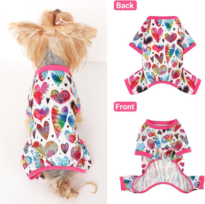 Dog Pajamas Small Sized Dogs Stretchable Summer Dog Clothes Pjs 4 Legs Girl Boy Cute Soft Puppy Outfits Doggie Cat Jammies Jumpsuit Sleeper for Pet (Love Heart, Small)
