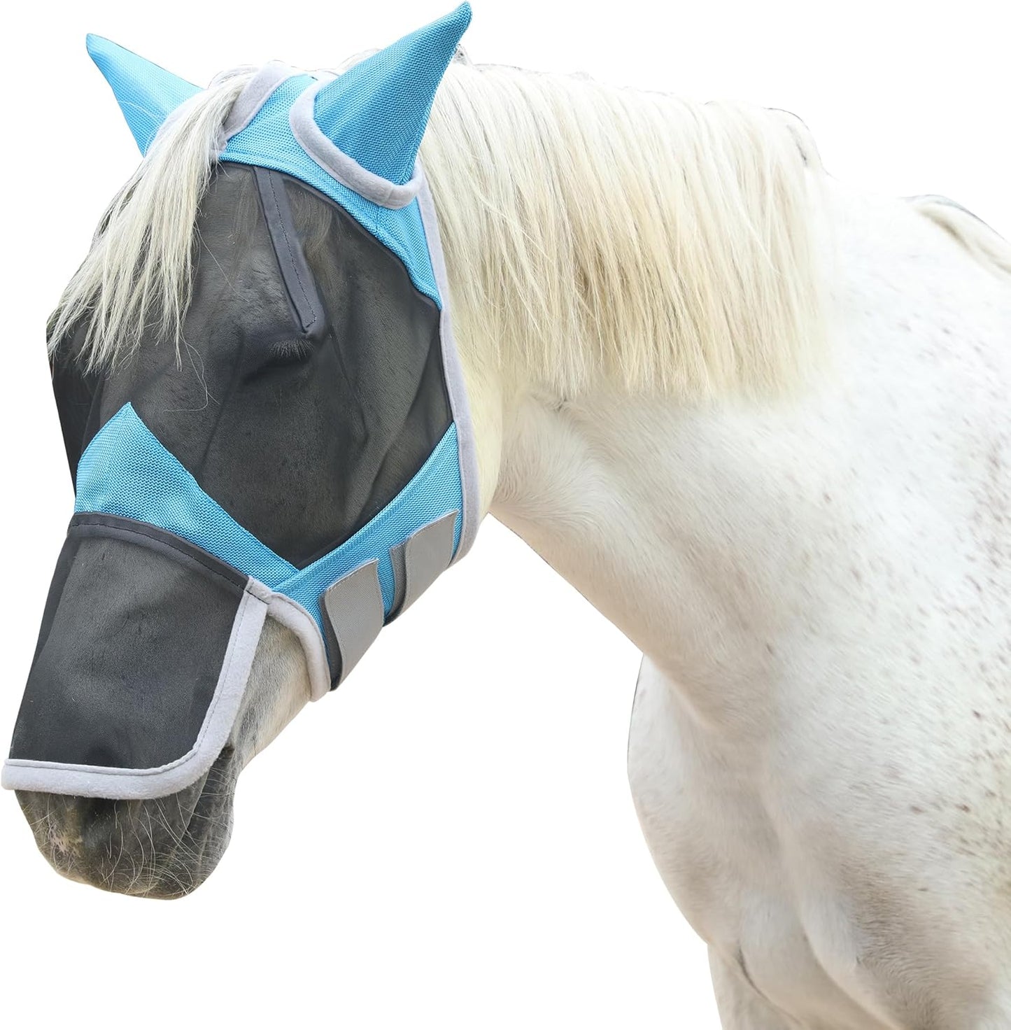 Horse Fly Mask with Ears & Long Nose Cover | Forelock Opening for Tangle-Free Mane Care | UV Protection & Breathable Mesh | No Rub Fit and Enhanced Visbility for Trail Riding Paleblue Pony
