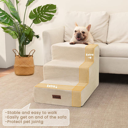 Dog Stairs for Small Dogs & Cats, 3-Step Extra Wide Non-Slip Pet Steps for Couch Sofa and Chair, Beige, 15.7" H