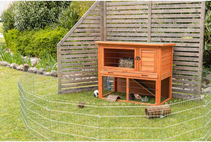 TRIXIE natura Outdoor Rabbit Hutch with Run - 2-Story Rabbit Cage with Non-Slip Ramp - Medium Elevated Small Animal House with Secure Playpen, Hinged Roof & Pull-Out Tray - in Brown