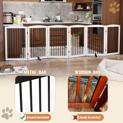 Freestanding Pet Gate for Dogs, Indoor Wooden Foldable Dog Gate for House, Extra Wide, Pet Fence for Stairs, Doorways, Halls, Support Feet Included, 120 Inch Wide, 6 Panels 32",White