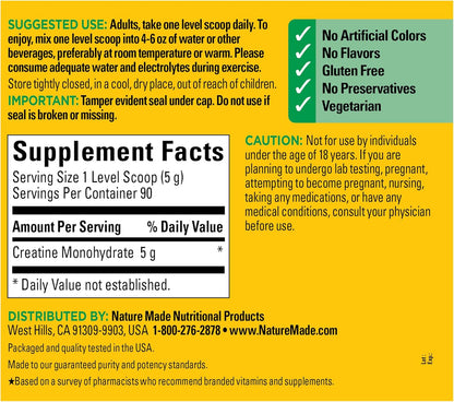 Nature Made Creatine Monohydrate Powder 5 g per Serving, Unflavored Drink Mix Powder, Muscle Support, 450 g, 90 Day Supply