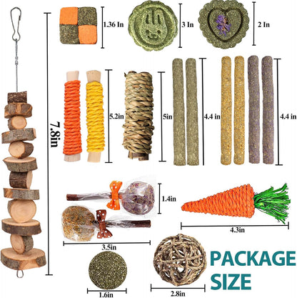 HERCOOCI 18Pcs Rabbit Chew Toys, Bunny Treats and Ball Timothy Hay Stick Toys for Rabbit Bunny Guinea Pig Chinchilla Hamster Teeth Care