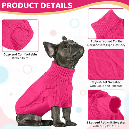 Queenmore Small Dog Pullover Sweater, Cold Weather Cable Knitwear, Classic Turtleneck Thick Warm Clothes for Chihuahua, Bulldog, Dachshund, Pug (Fuchsia, Medium)