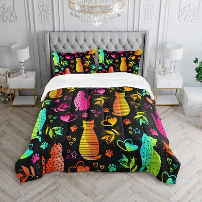 Kawaii Cat Animal Comforter 3Pcs Queen Lovely Pet Cat Bedding Set for Kid Teen Girl Boy Adult Room Decor Cartoon Kitten Paw Heart Bamboo Leaf Pattern Quilt with 1 Comforter and 2 Pillowcases