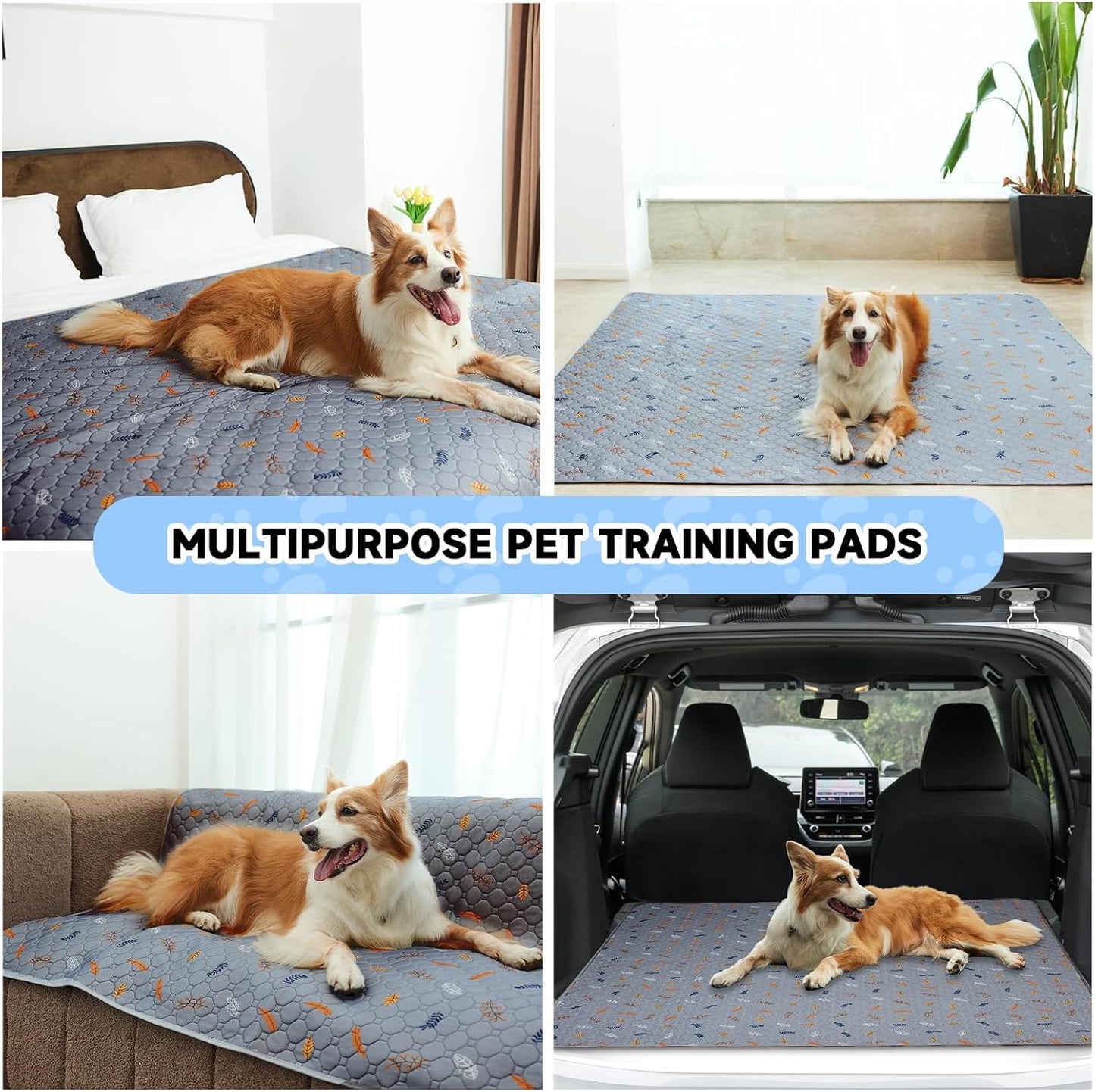 Sunheir Washable Pee Pads for Dogs Extra Large 36" x 48" 2-Pack Reusable Puppy Pads Pet Training Pads, Whelping Pad, Non-Slip Protects Against Urine Leakage (Leaves - Light Grey, 36x48)